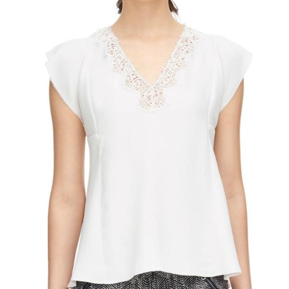 Rebecca Taylor Crepe Lace V-Neck Top
